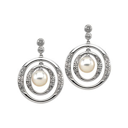 White Freshwater Near Round Cultured Pearl & Gold - Diamond Dangle Earrings