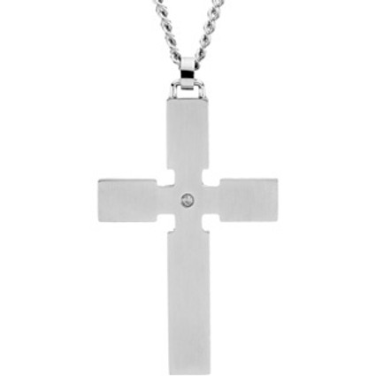 Steelworks | Young Men's Stainless Steel and 1.50 Inch Diamond Cross Pendant | 24 Inch Neck Chain