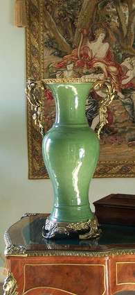 Celadon Green Golden Undertone Decorator Crackle, Luxury Handmade Chinese Porcelain and Gilt Brass Ormolu, 29 Inch Palace Vase | Statement Jardiniere, Style B458