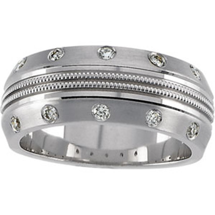 Men's Round Brilliant - Bezel Set White Diamond Band Ring - Size 10 - 14K White Gold Setting 642 .TS. Band Ring 65441