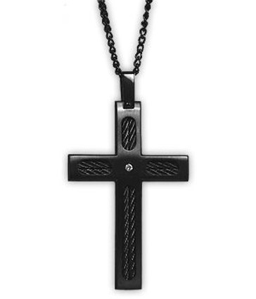 Steelworks | Young Mens Black Ion Stainless Steel | White Diamond Cross Pendant | 22 Inch Neck Chain