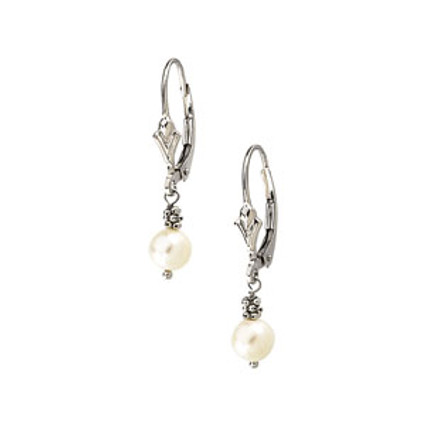 White Freshwater Round Cultured Pearl & Gold Dangle Leverback Earrings