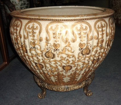Style BS35 - Ivory and Gold Lotus Scroll Arabesque - Luxury Handmade Reproduction Chinese Porcelain and Gilt Brass Ormolu - 18 Inch Ribbed Fish Bowl | Fishbowl, Cachepot Statement Planter - Style BS35 Style BS35 - Ivory and Gold Lotus Scroll Arabesque - Luxury Handmade Reproduction Chinese Porcelain and Gilt Brass Ormolu - 18 Inch Ribbed Fish Bowl | Fishbowl, Cachepot Statement Planter - Style BS35