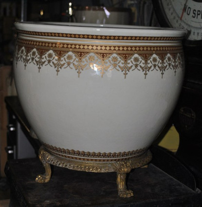 Style C35, Neo Classical Ivory and Gold, Luxury Handmade Reproduction Chinese Porcelain and Gilt Brass Ormolu, 18 Inch Fish Bowl | Fishbowl Statement Planter Style C35