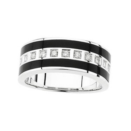6015 Men's 14k White Gold Black Onyx Inset Round-Cut Diamond Wedding Band Ring