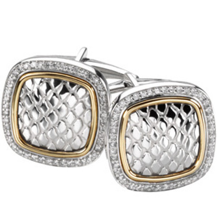 Sterling Silver & Gold Snake Skin Embossed Yurman Style Diamond Cuff Links