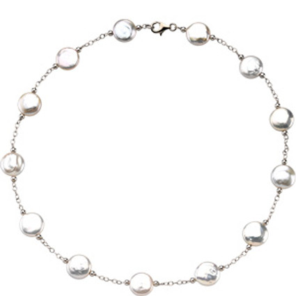 White Freshwater Cultured Coin Pearl & Sterling Silver Station Strand Necklace