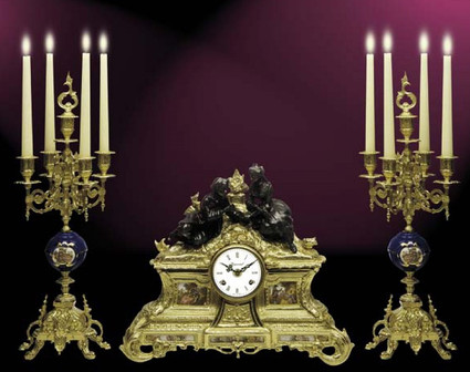Antique Style French Louis Porcelain, Blu Cobalto, d'Oro Ormolu Garniture - Victor Hugo Mantel, Table Clock, Five Light Candelabra Set - French Gold, Polychrome Patina - Handmade Reproduction of a 17th, 18th Century Dore Bronze Antique, 6273