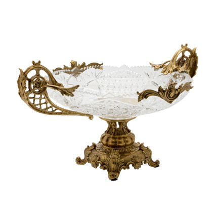 Lyvrich d'Elegance | Cut Crystal and Gilded d'or Brass Ormolu Trim | Fancy Compote Fruit Bowl | Centerpiece Dish | 14.81t X 20.41w X 11.23d | 6437