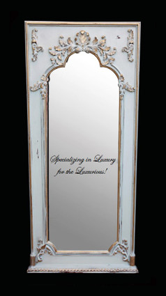 French Style Louis XIV Painted and Gilt Trumeau, Pier, Floor, Oversize Dressing Mirror - Palace size Mirror - 8't x 3'9"w x 3.5"d - Carved Frame, 6723