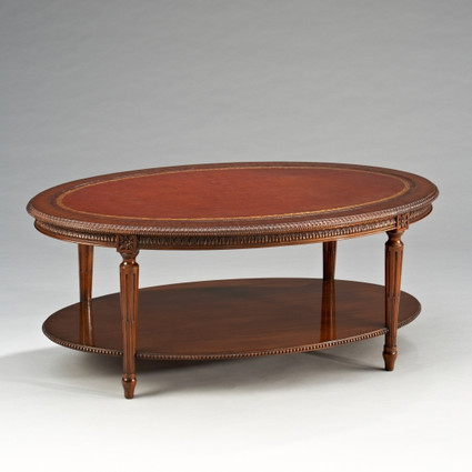 Marie Therese Charlotte French Neo Classical Period Louis XVI - 47 Inch Handcrafted Reproduction Versailles Cocktail | Oval Leather Inlay Coffee Table - Wood Walnut Luxurie Furniture Finish NWN