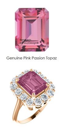 10 x 8 Emerald Shape Mined 10 x 8 Pink Passion Topaz and Benzgem by GuyDesign® 01.40 Carats of Round Diamond Simulants, Diana Princess of Wales Ring, 14k Rose Gold, 6861
