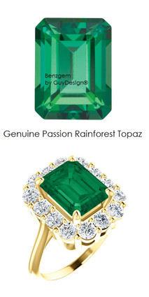 10 x 8 Emerald Shape Mined 10 x 8 Green Rainforest Passion Topaz and Benzgem by GuyDesign® 01.40 Carats of Round Diamond Simulants, Diana Princess of Wales Ring, 14k Yellow Gold, 6862 10 x 8 Emerald Shape Mined 10 x 8 Green Rainforest Passion Topaz and Benzgem by GuyDesign® 01.40 Carats of Round Diamond Simulants, Diana Princess of Wales Ring, 14k Yellow Gold, 6862