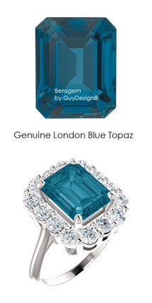 10 x 8 Emerald Shape Mined 10 x 8 London Blue Topaz and Benzgem by GuyDesign® 01.40 Carats of Round Diamond Simulants, Diana Princess of Wales Ring, 14k White Gold, 6864