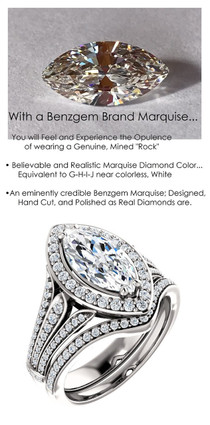 1.59 Carat Believable Simulated Diamond Marquise Cut Benzgem matches Convincingly the Natural 86 Diamond Semi-Mount; GuyDesign Halo Engagement or Right-Hand Ring - 14k White Gold, 6913,
