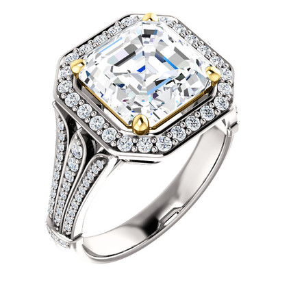 4.50 Carat, Luxury Asscher Cut Benzgem Solitaire, Benzgem; Diamond Quality Color and Cut, Swarovski CZ Semi-Mount; GuyDesign® Halo Design Engagement or Right Hand Ring, 14k White Gold, 6924,