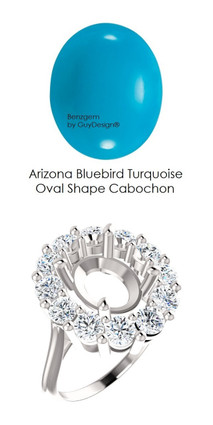 11 x 9 Mined Oval Cabochon 11 x 9 Arizona Bluebird Turquoise and Benzgem by GuyDesign® 01.80 Carats of Best Round Imitation Diamonds, Diana Princess of Wales Ring, 14k White Gold, 7109