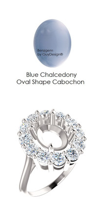 11 x 9 Mined Oval Cabochon 10 x 8 Blue Chalcedony and Benzgem by GuyDesign® 01.20 Carats of Best Round Imitation Diamonds, Diana Princess of Wales Ring, 14k White Gold, 7112