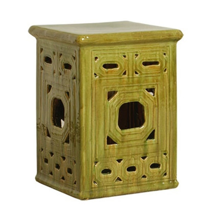 Finely Finished Ceramic Square Garden Stool - 18 Inch - Polished Lichen Green Finish