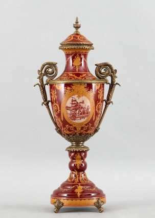 On the Bank Pattern - Luxury Hand Painted Porcelain and Gilt Bronze Ormolu - 20 Inch Covered Urn