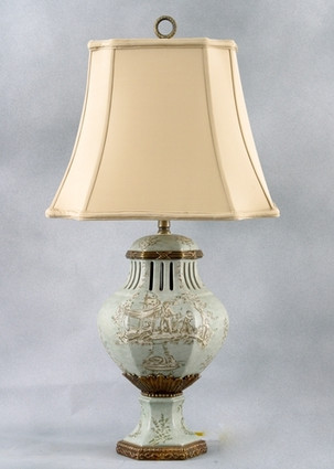 Celadon Toile Pattern - Luxury Hand Painted Porcelain and Gilt Bronze Ormolu - 28 Inch Lamp