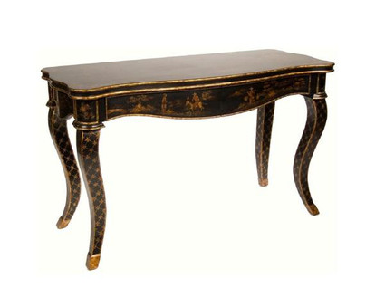 Luxe Life Louis XV Style - 49 Inch Chinoiserie Reproduction Bureau Plat Writing Desk - Ebony Black Finish with Gilt Accents