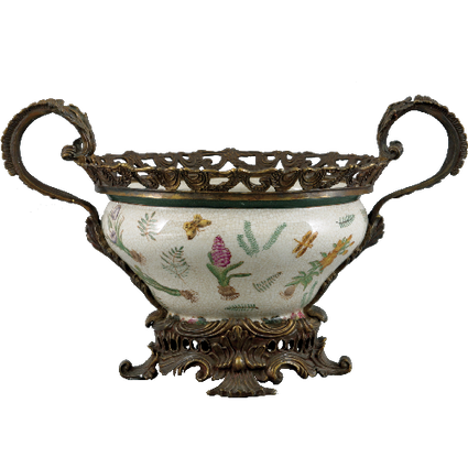 Bulbs and Butterflies Pattern - Luxury Hand Painted Porcelain and Gilt Bronze Ormolu - 18 Inch Bowl, Centerpiece