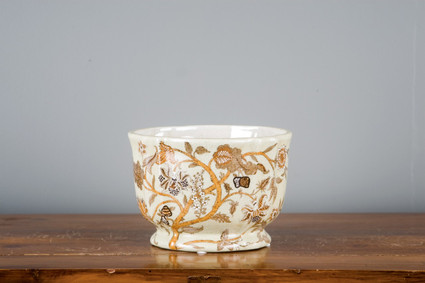 Golden Flowers on White Crackle Porcelain Planter 8"