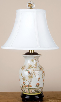 White Crackle, Brown, Tan, and Rust Porcelain Lamp with Silk Shade 21.5"