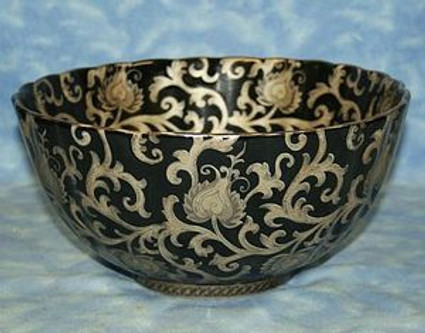 Ebony Black and Gold Lotus Scroll - Luxury Hand Painted Porcelain - 12 Inch Scalloped Edge Bowl, Centerpiece