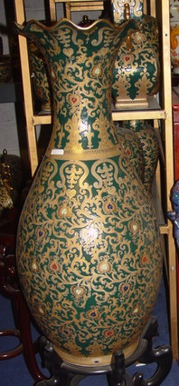 Jewel Green and Gold Lotus Scroll - Luxury Handmade and Painted Reproduction Chinese Porcelain - 34 Inch Palace Vase, Jardiniere Style C63