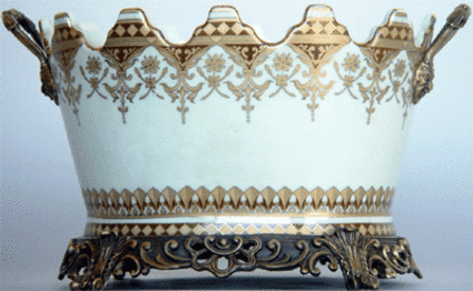 Ivory and Gold | Luxury Handmade and Painted Reproduction Chinese Porcelain and Gilt Bronze Ormolu | 15 Inch Planter, Flower Pot, Centerpiece | Style A467