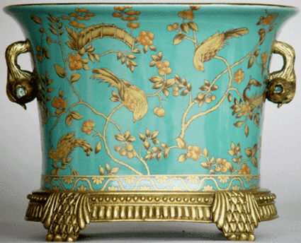 Teal Blue and Gold Pagoda - Luxury Handmade and Painted Reproduction Chinese Porcelain and Gilt Bronze Ormolu - 10 Inch Planter, Flower Pot - Style A878