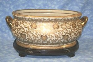 Ivory and Gold Lotus Scroll Arabesque | Luxury Handmade and Painted Reproduction Chinese Porcelain | 22 Inch Footbath, Planter, Centerpiece Style 591