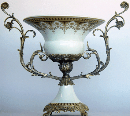 Ivory and Gold | Luxury Hand Painted Chinese Reproduction Porcelain and Gilt Bronze Ormolu | 18 Inch Footed Bowl | Style A798