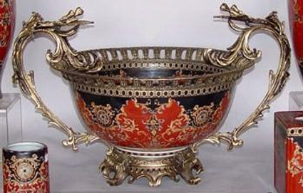 Imperial Red and Ebony Black - Luxury Handmade and Painted Reproduction Chinese Porcelain and Gilt Bronze Ormolu - 23 Inch Centerpiece Bowl - Style T 78