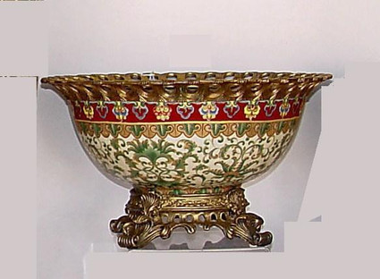 Chinese Red and Fern Green - Luxury Handmade and Painted Reproduction Chinese Porcelain and Gilt Bronze Ormolu - 14 Inch Decorative Display Bowl, Centerpiece Style F78