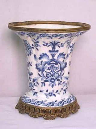 Blue and White Floral Pattern - Luxury Hand Painted Porcelain and Parcel Gilt Bronze Ormolu - 11.5 Inch Vase