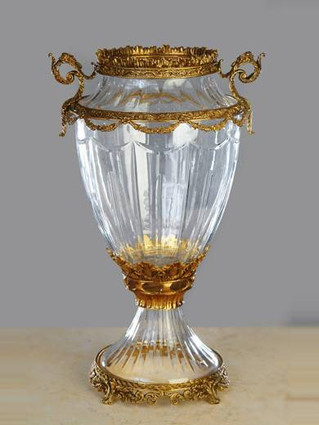 Luxe Life - Hand Cut Italian Crystal and Gilt Brass Ormolu 15.5 inch Vase