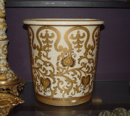 Ivory and Gold Lotus Scroll Arabesque | Luxury Handmade and Painted Reproduction Chinese Porcelain | 10 Inch Waste Basket | Style 922