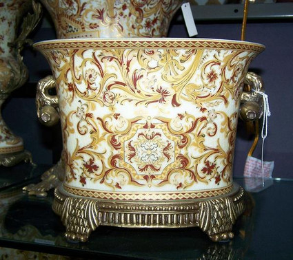 Burgundy Medallion and Gold - Luxury Handmade and Painted Reproduction Chinese Porcelain and Gilt Bronze Ormolu - 10 Inch Planter, Centerpiece, Flower Pot Style A878