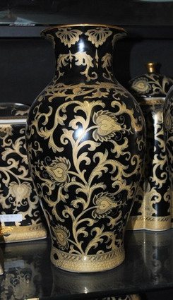 Ebony Black and Gold Lotus Scroll - Luxury Handmade and Painted Reproduction Chinese Porcelain - 12 Inch Mantle Vase, Jardiniere - Style 3 Ebony Black and Gold Lotus Scroll - Luxury Handmade and Painted Reproduction Chinese Porcelain - 12 Inch Mantle Vase, Jardiniere - Style 3