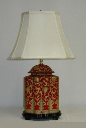 French Red and Gold Lotus Scroll - Luxury Handmade and Painted Reproduction Chinese Porcelain - 27 Inch Table Top Lamp Style 442L