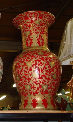 French Red and Gold Lotus Scroll - Luxury Handmade and Painted Reproduction Chinese Porcelain - 24 Inch Palace Vase, Jardiniere - Style 051