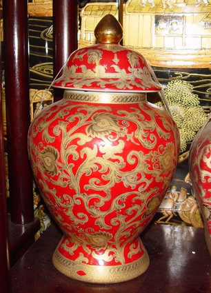 French Red and Gold Lotus Scroll - Luxury Handmade and Painted Reproduction Chinese Porcelain - 14 Inch Covered Temple Jar - Style 1