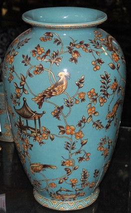 Teal Blue and Gold Pagoda - Luxury Handmade and Painted Reproduction Chinese Porcelain - 12 Inch Mantle Vase, Jardiniere - Style 807