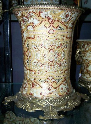 Burgundy Medallion and Gold - Luxury Handmade and Painted Reproduction Chinese Porcelain and Gilt Bronze Ormolu - #12 Boudoir Waste Basket - Style C67 Burgundy Medallion and Gold - Luxury Handmade and Painted Reproduction Chinese Porcelain and Gilt Bronze Ormolu - #12 Boudoir Waste Basket - Style C67
