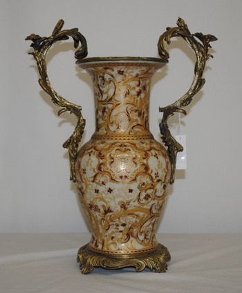 Burgundy Medallion and Gold - Luxury Handmade and Painted Reproduction Chinese Porcelain and Gilt Bronze Ormolu - 14.5 Inch Table Top, Mantle Vase - Style B051