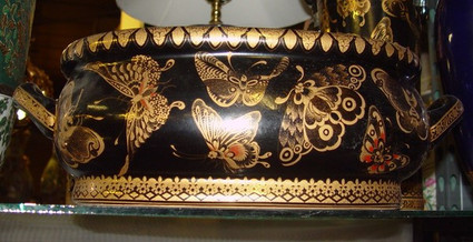 Black and Gold Butterfly - Luxury Handmade and Painted Reproduction Chinese Porcelain - 12 Inch Footbath, Centerpiece, Planter Style 591