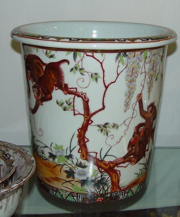 Merry Monkeys - Luxury Handmade and Painted Reproduction Chinese Porcelain - 10 Inch Waste Basket - Style 922